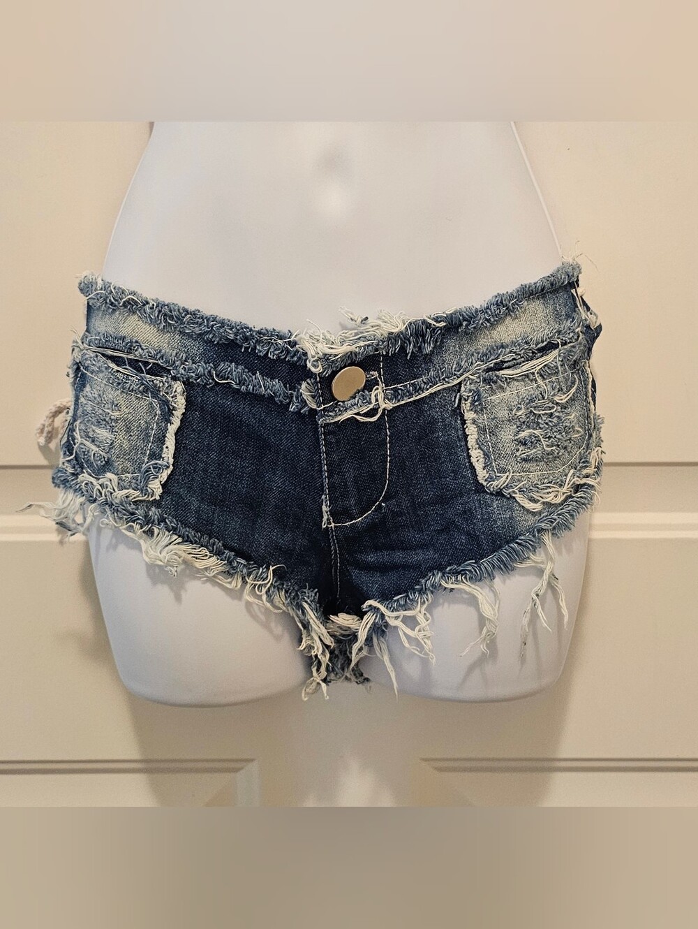 Distressed Denim Low Rise Cheeky Booty Shorts L NWOT
